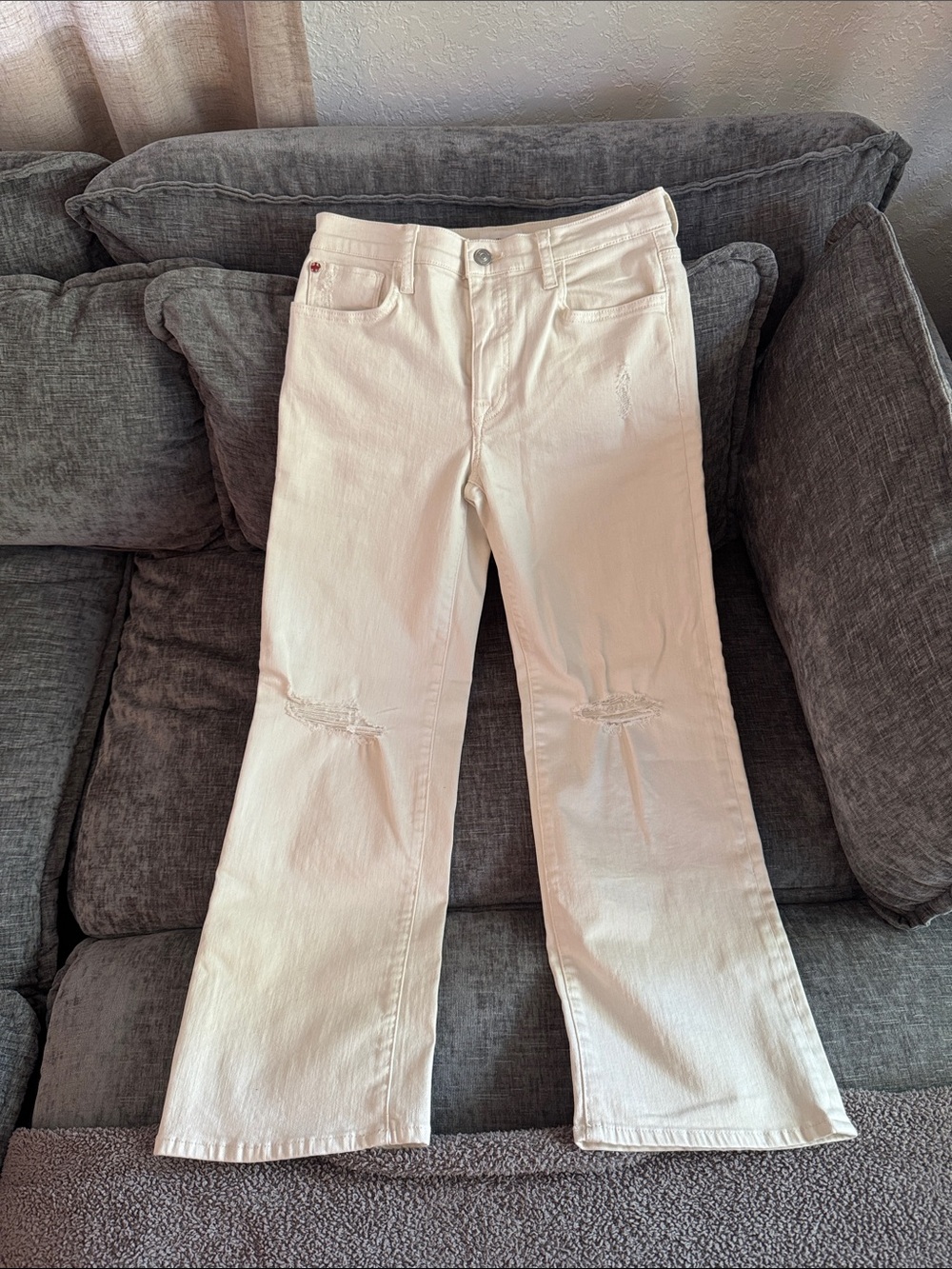 Hudson Jeans White Wide-Leg Flare with Knee Distress